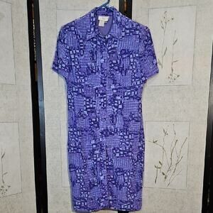 Purple Midi Dress with Abstract Print and Short Sleeves